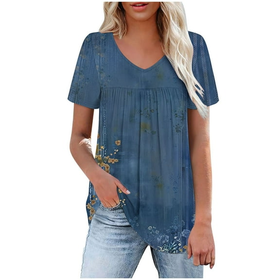 Tnhcen Women's Summer V-Neck Print Short Sleeve Blouses | Front Pleated Plus Size S-2XL | Loose Comfortable Casual Tops