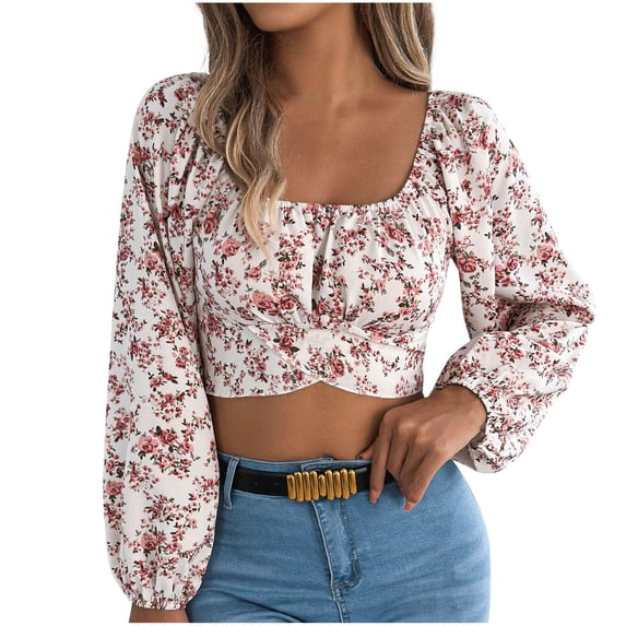 Tnhcen Women's Summer Vintage Floral Square Neck Crop Blouses - Loose Fit Long Sleeve Tops with Drawstring Plus Size Friendly (S-XL)