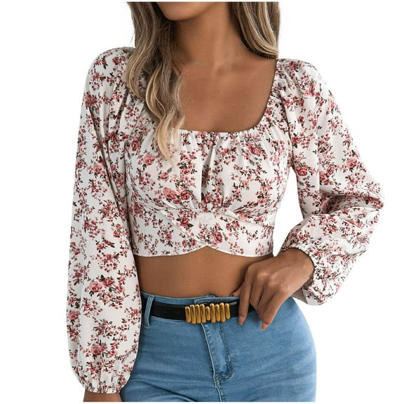 Tnhcen Women's Summer Vintage Floral Square Neck Crop Blouses - Loose Fit Long Sleeve Tops with Drawstring Plus Size Friendly (S-XL)