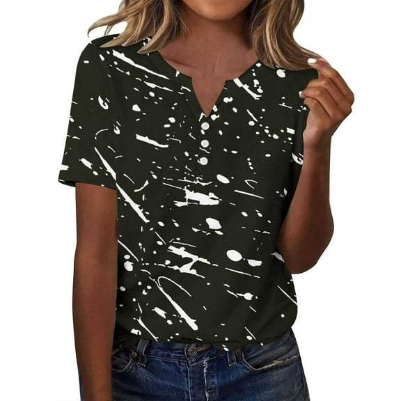 Tnhcen Women's Summer Vintage Print Button-Up Henley Shirts - Loose Fit Casual Basics | Plus Size Friendly S-2XL | Retro Style Tops for Women