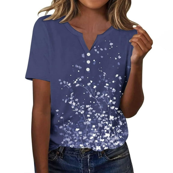 Tnhcen Women's Summer Vintage Print Button-Up Henley Shirts - Loose Fit Casual Basics | Plus Size Friendly S-2XL | Retro Style Tops for Women