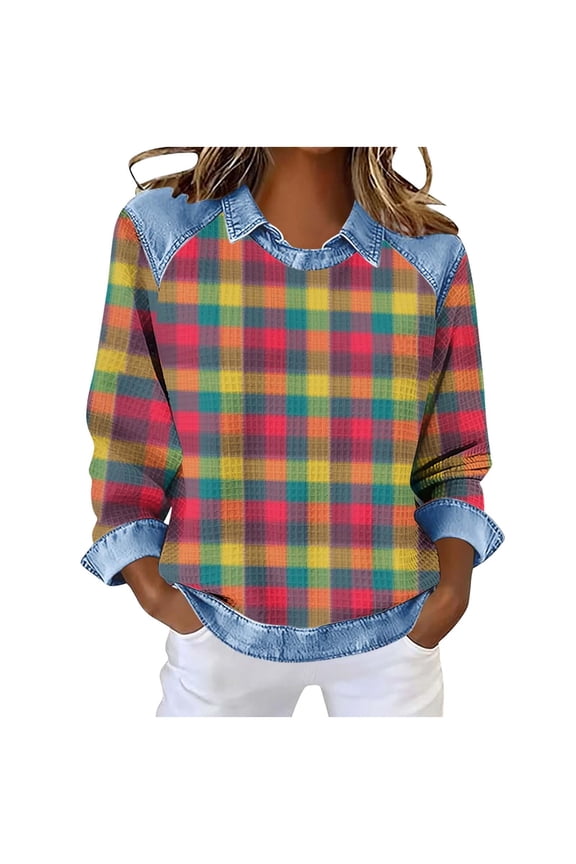 Women's Summer Waffle Knit Top, Check Print Round Neck Blouse with Denim Trim, Casual Loose Fit Plus Size Tops for Women S-3XL