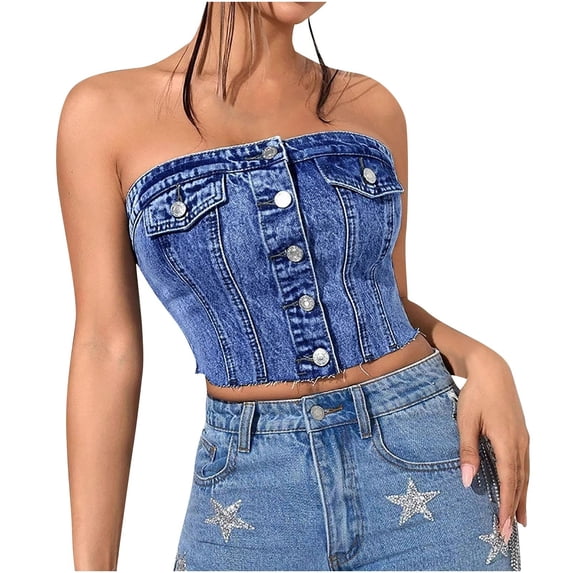 Tnhcen Women's Summer Water-Wash Denim Crop Top - Button Front Ruffled Bralette XS-L Versatile Sizing Casual Chic Essential