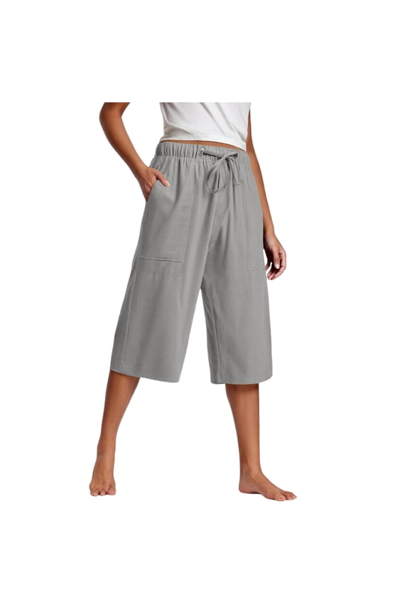Women's Summer Wide-Leg Culottes Elastic Waist Casual Capri Pants Breathable Loose-Fit Cropped Pants with Pockets 60% Cotton 40% Linen Sizes S-5XL
