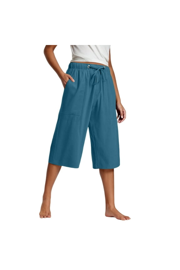 Women's Summer Wide-Leg Culottes Elastic Waist Casual Capri Pants Breathable Loose-Fit Cropped Pants with Pockets 60% Cotton 40% Linen Sizes S-5XL