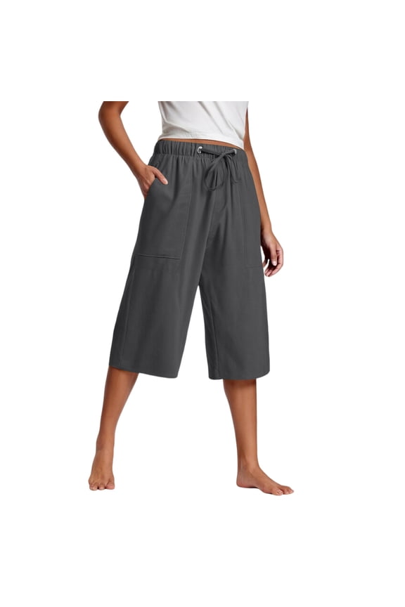 Women's Summer Wide-Leg Culottes Elastic Waist Casual Capri Pants Breathable Loose-Fit Cropped Pants with Pockets 60% Cotton 40% Linen Sizes S-5XL