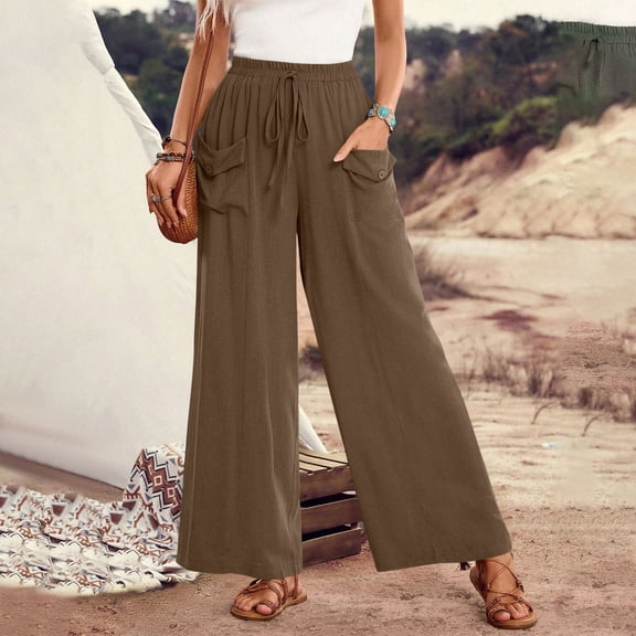 Tnhcen Women's Summer Wide Leg Pants with Pockets Drawstring Elastic Waist Lounge Pants Pre-Shrunk Cotton-Linen Feel S-2XL Multiple Colors Available