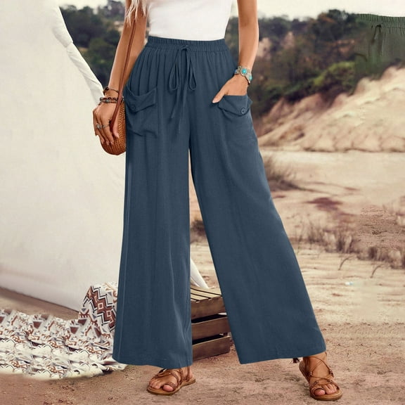 Tnhcen Women's Summer Wide Leg Pants with Pockets Drawstring Elastic Waist Lounge Pants Pre-Shrunk Cotton-Linen Feel S-2XL Multiple Colors Available