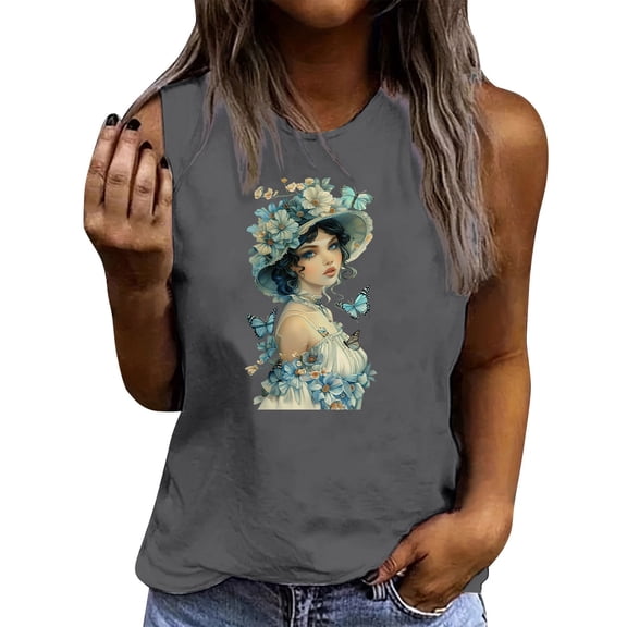 Tnhcen Women's Summer Y2K Style Sleeveless Cotton T-Shirt - Loose Fit Print Basics Plus Size S-2XL Breathable Casual Tops