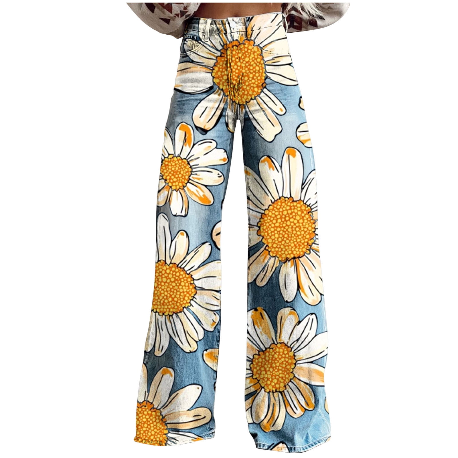 Tnhcen Women's Sunflower Print Denim Pants High Waisted Wide Leg