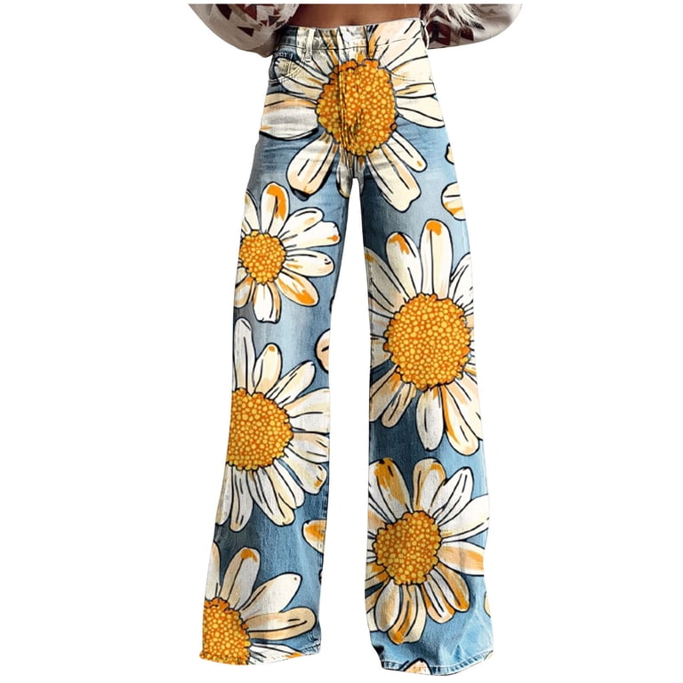 Tnhcen Women's Sunflower Print Denim Pants High Waisted Wide Leg
