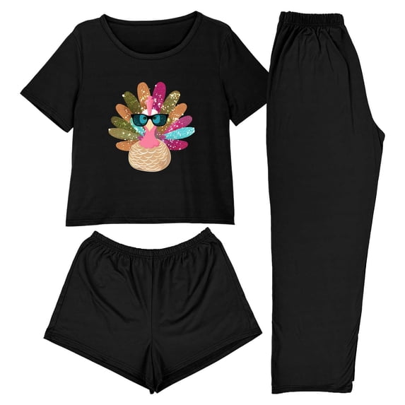 Tnhcen Women's Thanksgiving 3-Piece Pajama Set Short Sleeve Top Pants Shorts, Holiday Themed Sleepwear Soft Warm Cozy Pajamas for Women, XS-2XL