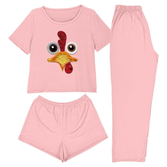 Tnhcen Women's Thanksgiving 3-Piece Pajama Set Short Sleeve Top Pants Shorts, Holiday Themed Sleepwear Soft Warm Cozy Pajamas for Women, XS-2XL