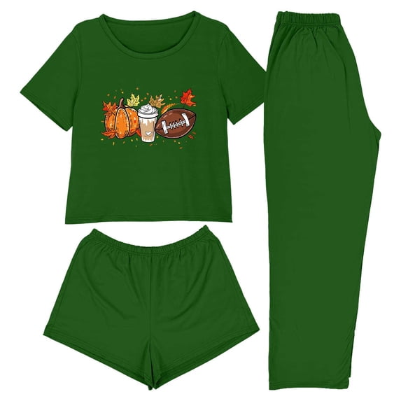 Tnhcen Women's Thanksgiving Pajama Set 3-Piece Holiday Sleepwear, Cute Turkey Print Sequin Loungewear, Fleece Pajamas Short Sleeve Top Shorts Pants Set XS-2XL