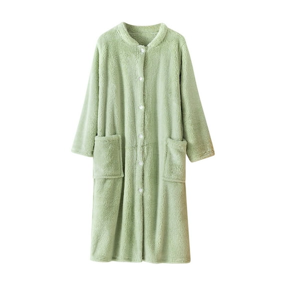 Tnhcen Women's Thickened Fleece Sleep Robe - Button Front Bathrobe with Two Large Pockets Plus Size L-XL Solid Sleepwear Homewear