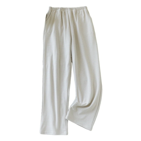 Tnhcen Women's Thin-Stripe Fleece Pajama Pants Warm Thermal Sleepwear with Pockets Elastic Waist Lounge Pants Home Wear M-XL Beige