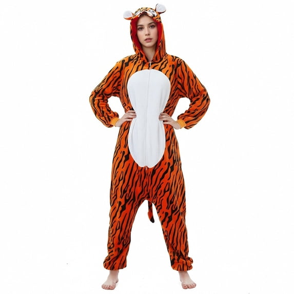 Tnhcen Women's Tiger Hooded Onesie Pajamas, Orange Black Striped Kigurumi Sleepsuit, Flannel Animal Costume Pajamas for Halloween, Warm Fleece Loungewear, Sizes S-XL