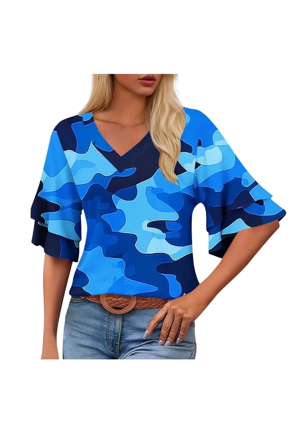 Women's Tropical Print V-Neck Top, Double Layer Bell Sleeve Loose Fit Blouse, Summer Casual Beach Shirt for Vacation in Sizes S-2XL