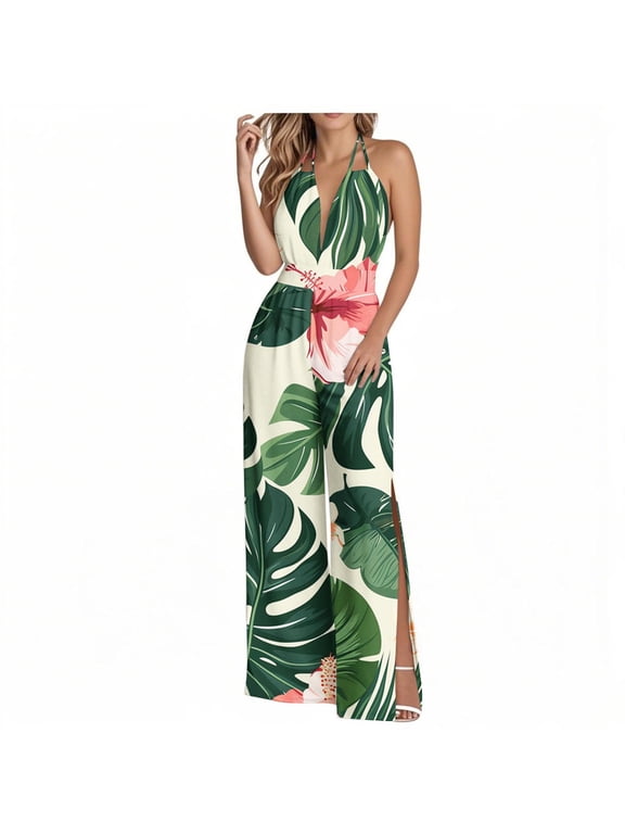 Women's Tropical Print Wide Leg Jumpsuit Halter Neck Backless Romper Elastic Waist 4-Way Stretch Culottes with Slit Beachwear Summer Outfit S-2XL