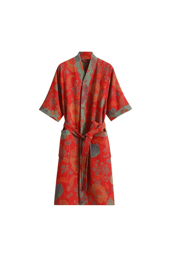 Women's Two-Layer Lightweight Breathable Bathrobe - Nylon Spandex Summer Sleepwear Robe with Waist Belt & Pockets Relaxed Home Wear (M-XL)