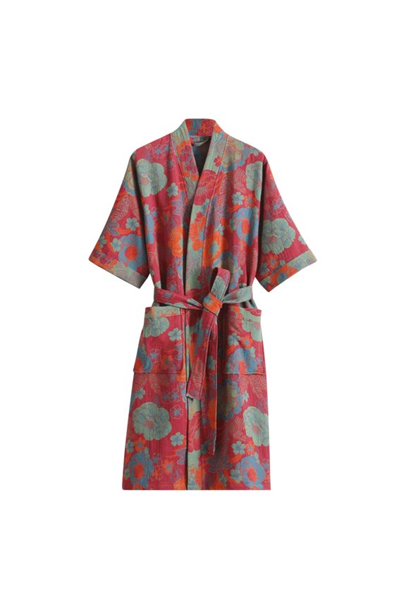 Women's Two-Layer Lightweight Breathable Bathrobe - Nylon Spandex Summer Sleepwear Robe with Waist Belt & Pockets Relaxed Home Wear (M-XL)