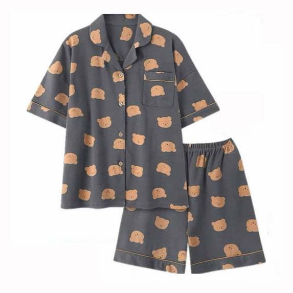 Tnhcen Women's Two Piece Animal Print Short Sleeve Button Shirt Elastic Waist Shorts Pajama Homewear Set