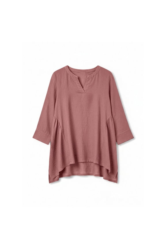 Women's V Neck Blouse Three Quarter Sleeve Casual Loose Fit Top Solid Color Cotton Linen Blend Asymmetric Hem Layered Casual Shirt A Line Tunic Tops for Women Daily Wear S-2XL