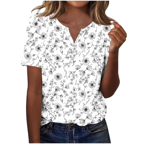 Tnhcen Women's V-Neck Button Up T-Shirt, Loose Fit Short Sleeve Top with Trendy Abstract Print, Casual Summer Blouse, Stretchy Comfy Tee Sizes S-3XL