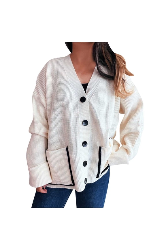 Women's V-Neck Cardigan Button-Front Pocket Sweater Nylon Spandex Matte Knit Loose Fit Fall Casual Wear Long Sleeve Soft Cover-Up S-L