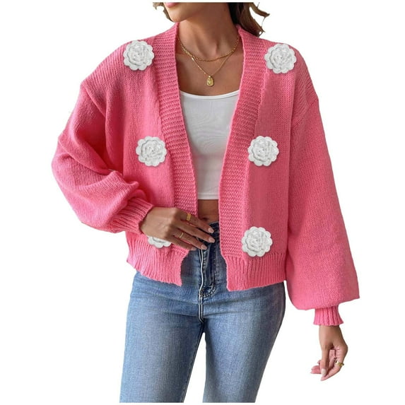 Tnhcen Women's V-Neck Floral Applique Cardigan Chunky Acrylic Knit Sweater Loose Fit Open Front Cover Up Fall Fashion Lace Sleeve Blouse Casual Boho Chic Sweater Coat S-XL