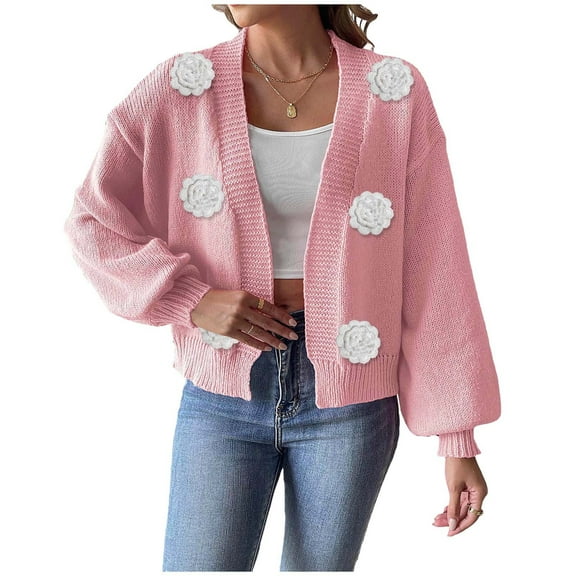 Tnhcen Women's V-Neck Floral Applique Cardigan Chunky Acrylic Knit Sweater Loose Fit Open Front Cover Up Fall Fashion Lace Sleeve Blouse Casual Boho Chic Sweater Coat S-XL