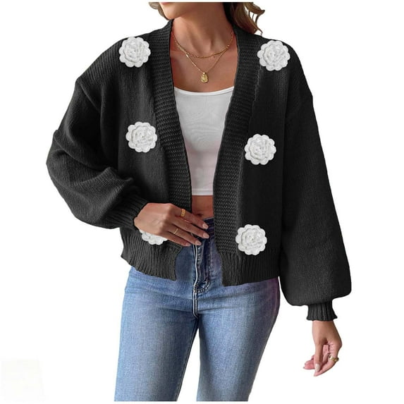 Tnhcen Women's V-Neck Floral Applique Cardigan Chunky Acrylic Knit Sweater Loose Fit Open Front Cover Up Fall Fashion Lace Sleeve Blouse Casual Boho Chic Sweater Coat S-XL