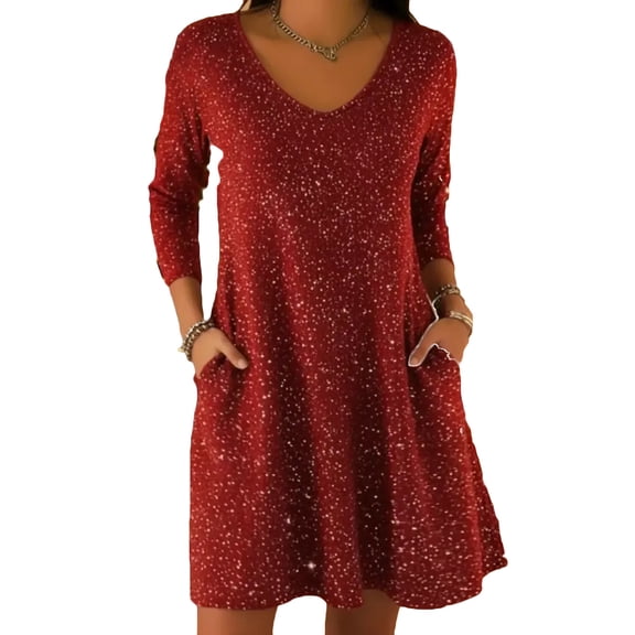 Tnhcen Women's V - Neck Long Sleeve Pocket Velvet Casual Dress Loose Fit Plus Size S - 2XL, 100% Polyester Velvet Women's Daily Dress