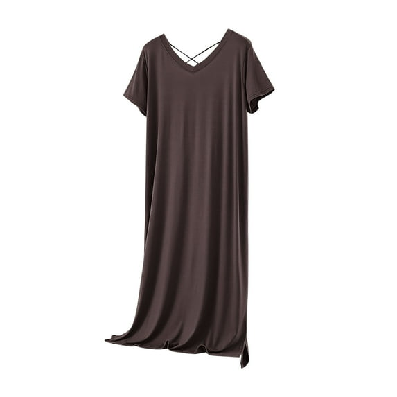 Tnhcen Women's V-Neck Modal Nightgown Long Sleepwear Short Sleeve Loose Fit Comfortable Soft Ankle Length L-XL Multiple Colors Available Brown