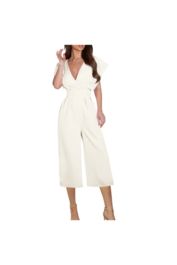 Women's V-Neck Short Sleeve Jumpsuit with Pockets - Casual Stretchy Straight-Lined Romper for Women Lightweight Pocketed Jumpsuit S-2XL