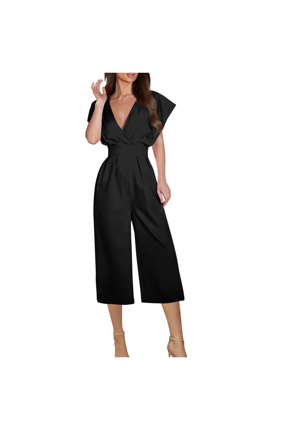 Women's V-Neck Short Sleeve Jumpsuit with Pockets - Casual Stretchy Straight-Lined Romper for Women Lightweight Pocketed Jumpsuit S-2XL
