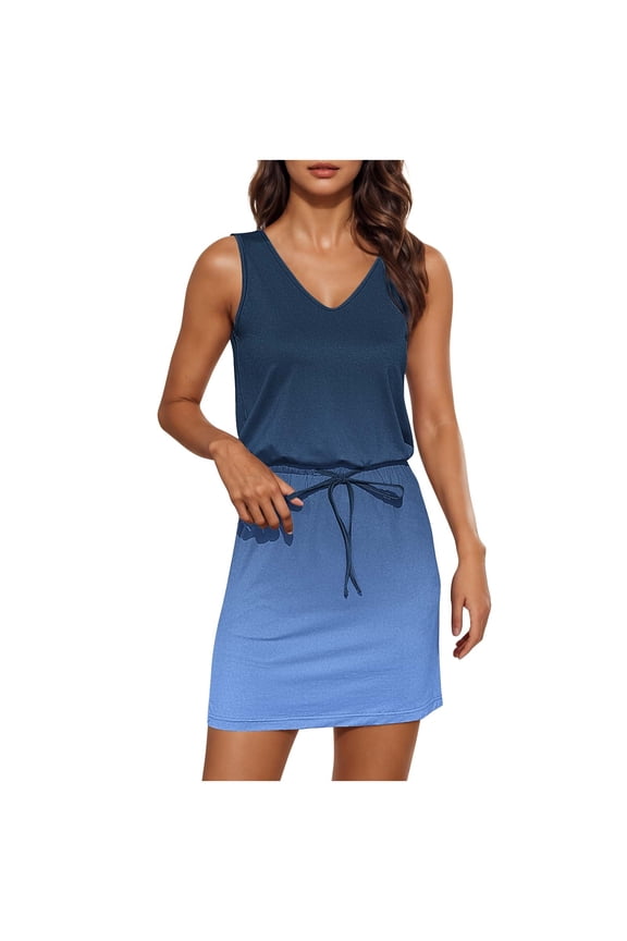 Women's V - Neck Sleeveless Drawstring Pocket Print Casual Swing Bodycon Dress 95% Polyester 5% Spandex (S - 2XL) | Soft Stretchy Casual Everyday Wear