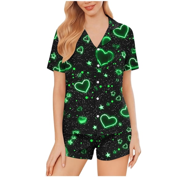 Tnhcen Women's Valentine Print Button Front Flip Collar Short Sleeve Short Pants Pajama Set Milk Silk 95% Polyester 5% Spandex Sleepwear S-2XL