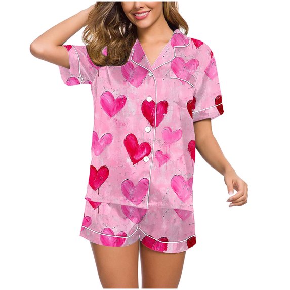 Tnhcen Women's Valentine's Day Heart Print Pajamas Set 2 Pieces Short Sleeve Button Blouse Fashion Shorts Pjs Homewear Set S-2XL