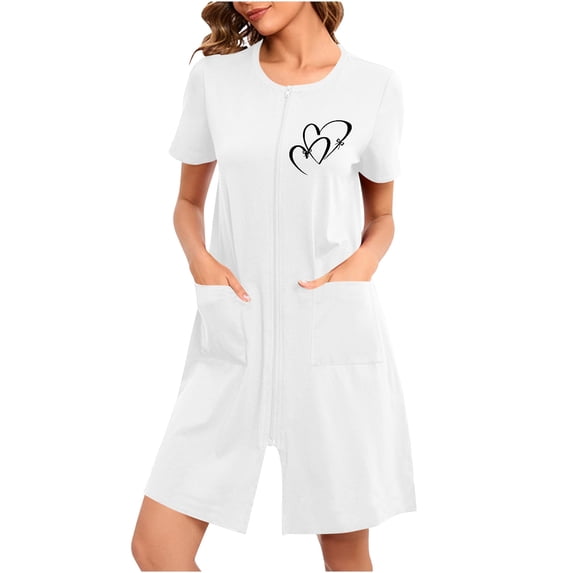Tnhcen Women's Valentine's Day Long Nightgown Polyester Spandex Double Brushed Soft Comfortable Zipper Front Pocket Heart Print Pajama Sleepwear Dress M-2XL