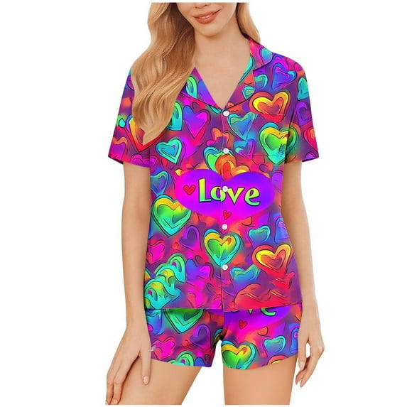 Tnhcen Women's Valentine's Day Pajama Set Button Front Short Sleeve Printed Heart Design 95% Polyester 5% Spandex Milk Silk Sleepwear (S-2XL)