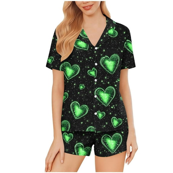 Tnhcen Women's Valentine's Day Pajama Set Button Front Short Sleeve Printed Heart Design 95% Polyester 5% Spandex Milk Silk Sleepwear (S-2XL)