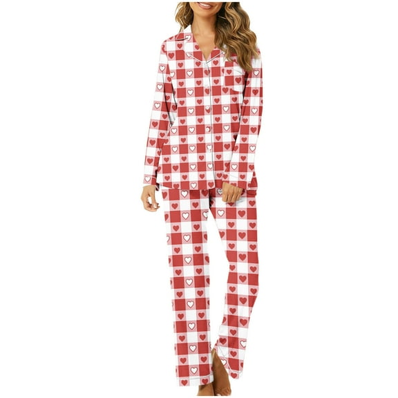 Tnhcen Women's Valentine's Day Pajama Set Heart Print Long Sleeve Button Front Soft 2 Piece Sleepwear Set 4 Way Stretch Plus Size S - 2XL Casual Pajamas for Women