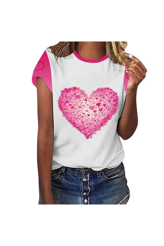 Women's Valentine's Day Romantic Heart Print Color Blocking Crew Neck Short Sleeve Tops – Plus Size Friendly Shirts S-5XL Stretchy Casual Blouses