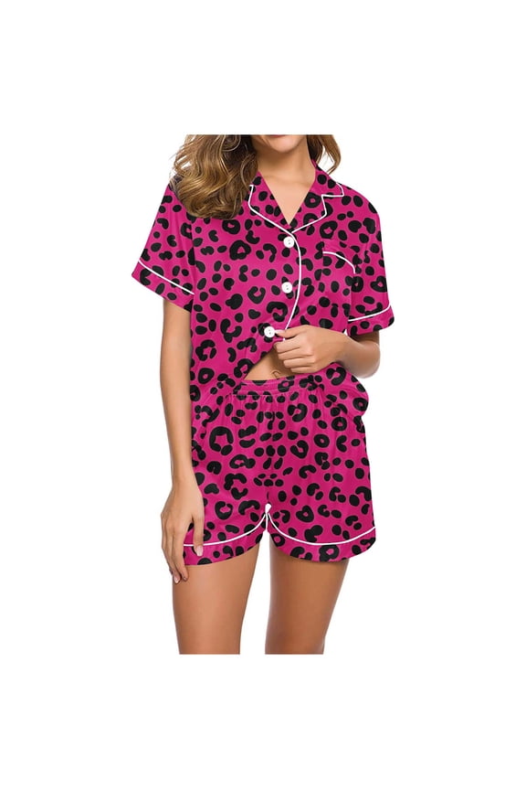 Women's Valentine's Day Leopard Print Pajama Sets Short Sleeve Casual V Neck 2 Piece Lounge Sets S-2XL