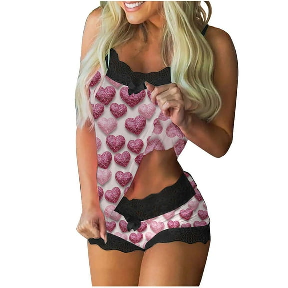 Tnhcen Women's Valentine's Day Sleepwear Set Heart Print Cami Top & Shorts Lace Trim Polyester Spandex Soft Milk Silk Brushed Casual Loungewear Plus Size S-2XL