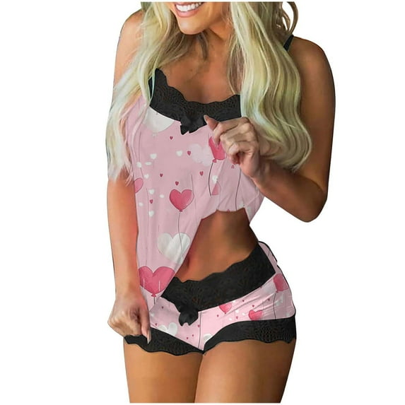 Tnhcen Women's Valentine's Day Sleepwear Set Pink Heart Print Cami Top Lace Trim Matching Short Pajama Bottoms Soft Milk Silk Fabric S - 2XL 2-Piece Set for Women's Pajamas