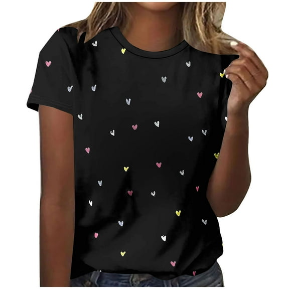 Tnhcen Women's Valentine's Day Tie Dye Heart Print Oversized Relaxed Fit Round Neck Short Sleeve T - Shirt Comfort Stretch Casual Top New Arrival