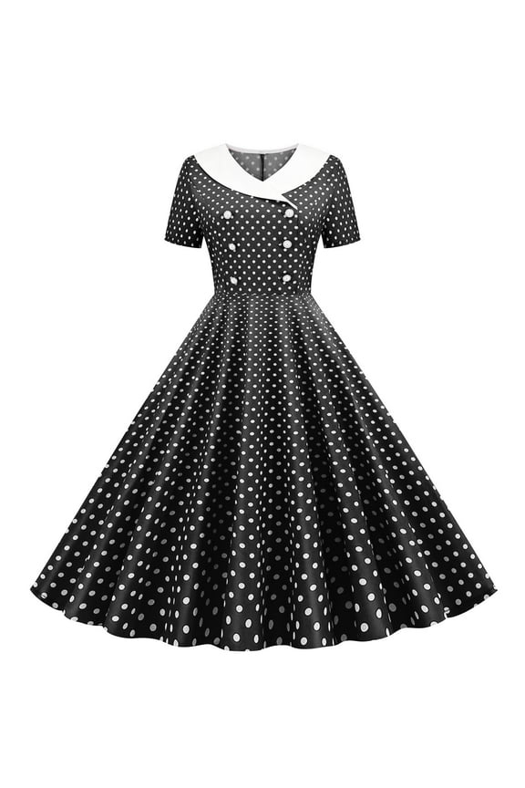 Women's Vintage Polka Dot Short Sleeve V Neck Button Front High Waist A Line Dress 4 Way Stretch, Retro Party Casual Dress for Women Plus Size S - 2XL