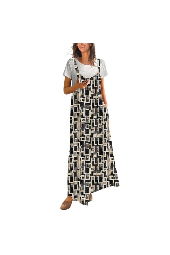 Women's Vintage Print Button Suspenders Romper Sleeveless Jumpsuit with Pockets Ice Silk Crepe Loose Fit Comfortable Maxi Dress Casual Outfit S-2XL